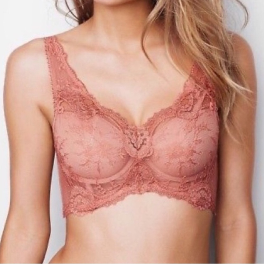 Victoria’s Secret Peach Pink Lace Lined Dream Angels Longline Mesh Bra 34B